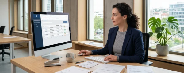 Responsable administrative consultant une plateforme de facturation électronique sur ordinateur dans un bureau contemporain français avec documents comptables et lumière naturelle