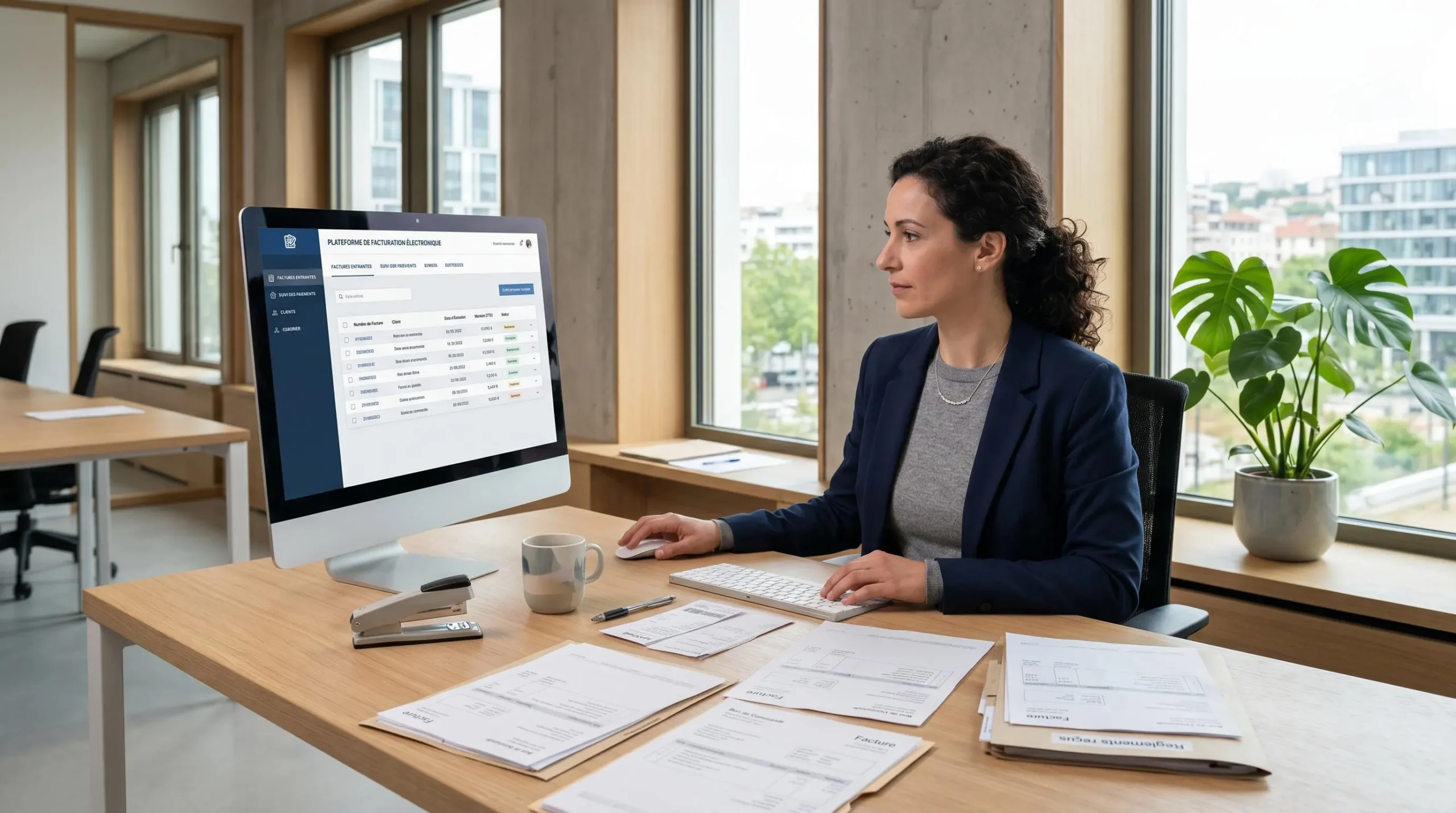 Responsable administrative consultant une plateforme de facturation électronique sur ordinateur dans un bureau contemporain français avec documents comptables et lumière naturelle