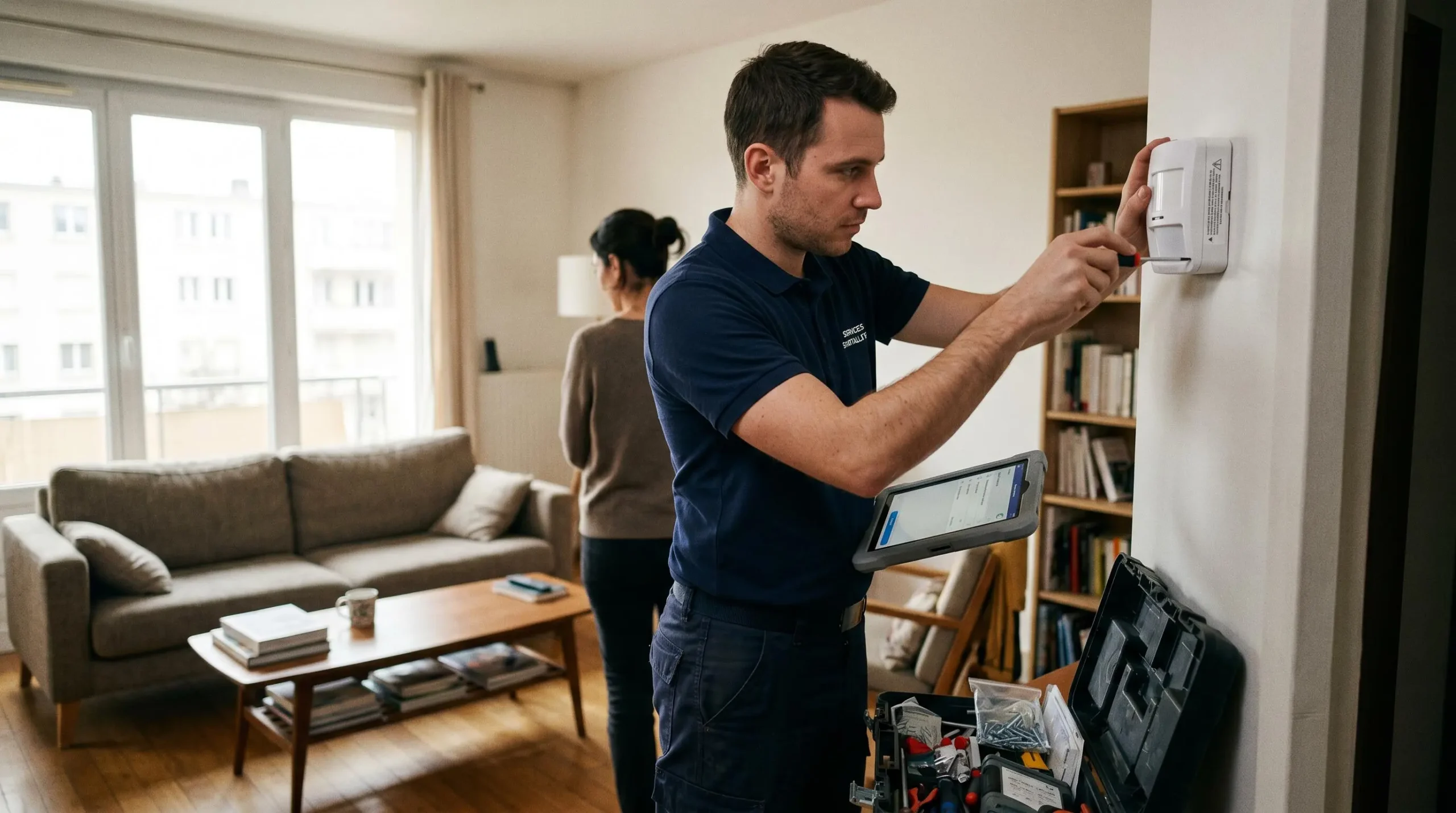 Technicien professionnel installant un détecteur mural dans le salon d'un particulier, tablette de configuration en main, avec mallette d'outillage au sol