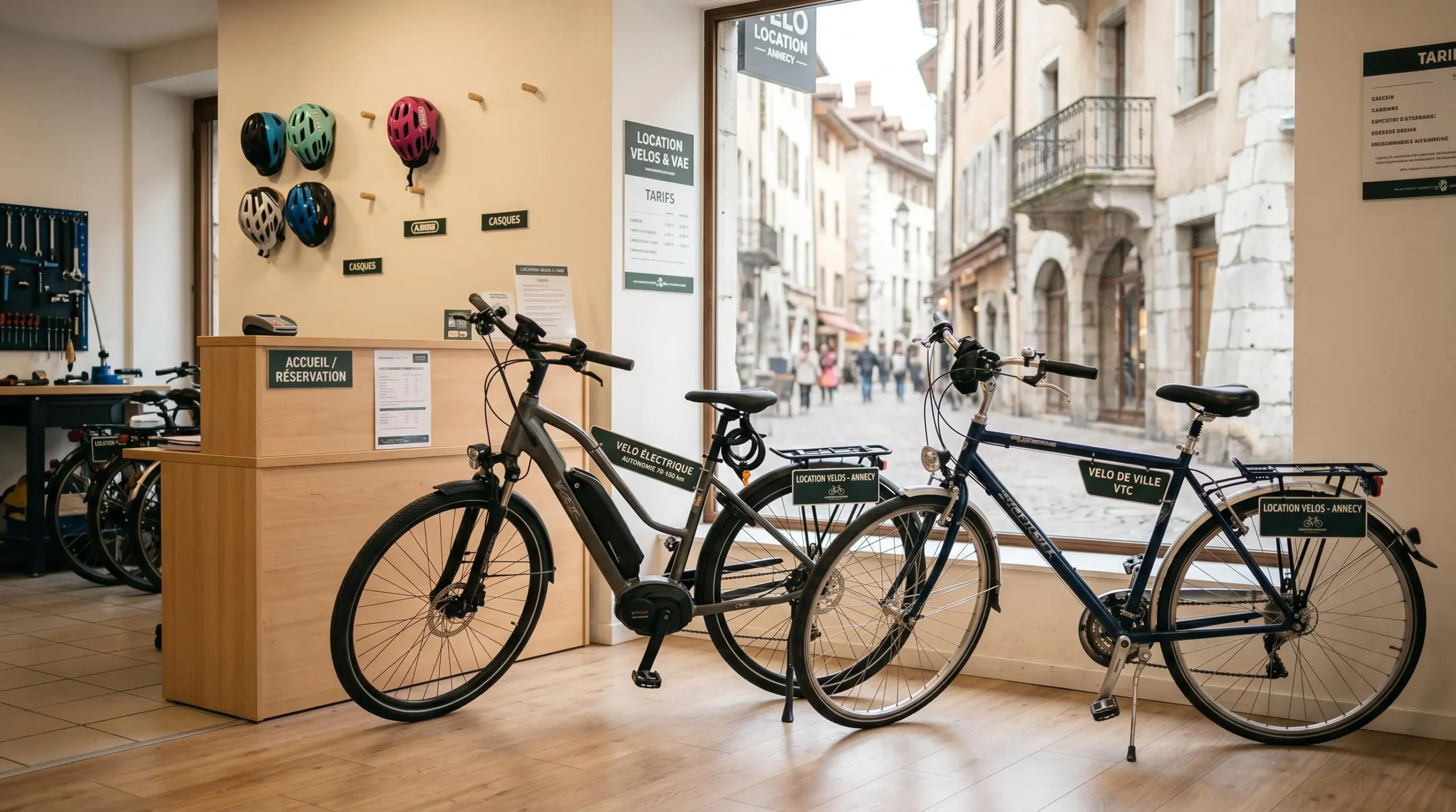Vélo électrique avec batterie intégrée et vélo classique VTC côte à côte dans une agence de location professionnelle à Annecy
