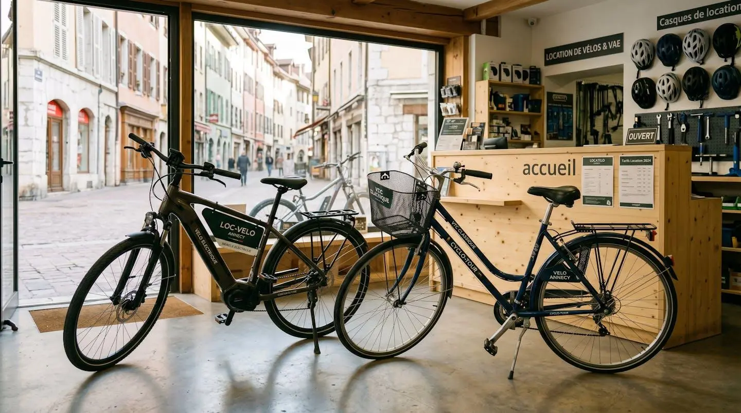 Vélo électrique avec batterie intégrée et vélo classique VTC côte à côte dans une agence de location professionnelle à Annecy