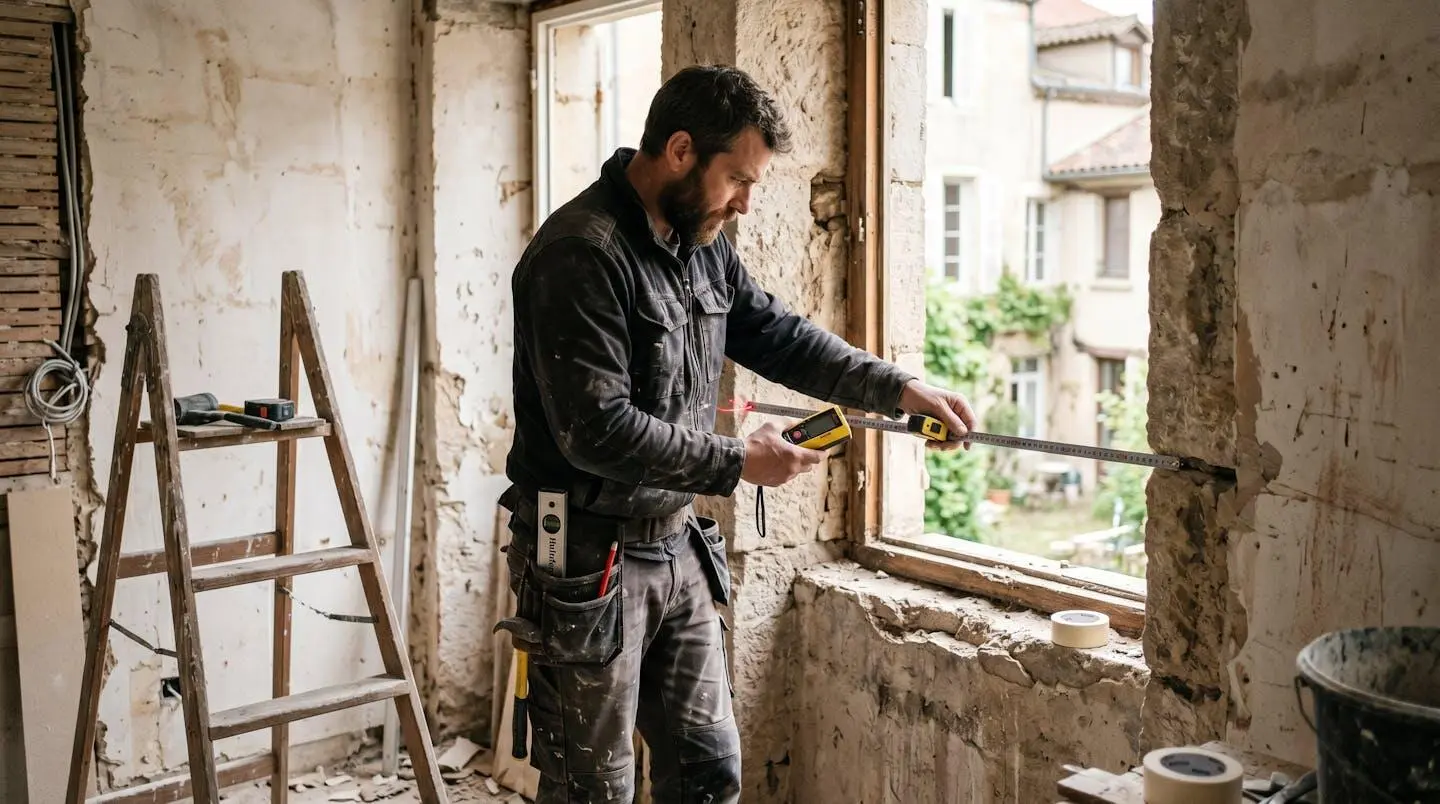 Artisan menuisier prenant des mesures précises d'une ouverture de fenêtre sur un chantier de rénovation avec mètre laser et niveau professionnel