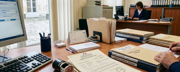Bureau de greffe de tribunal avec documents officiels de requête en injonction de payer, tampon et dossiers administratifs