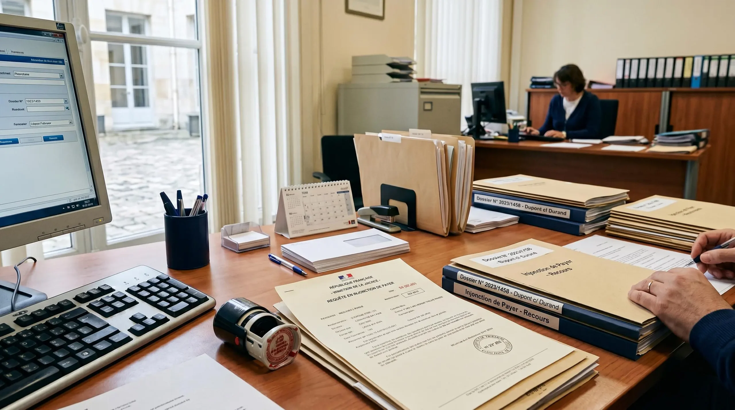 Bureau de greffe de tribunal avec documents officiels de requête en injonction de payer, tampon et dossiers administratifs