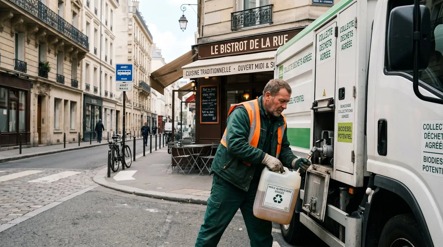 Camion spécialisé de collecte de biodéchets stationné devant un restaurant français, technicien manipulant une cuve d'huile alimentaire usagée en milieu urbain