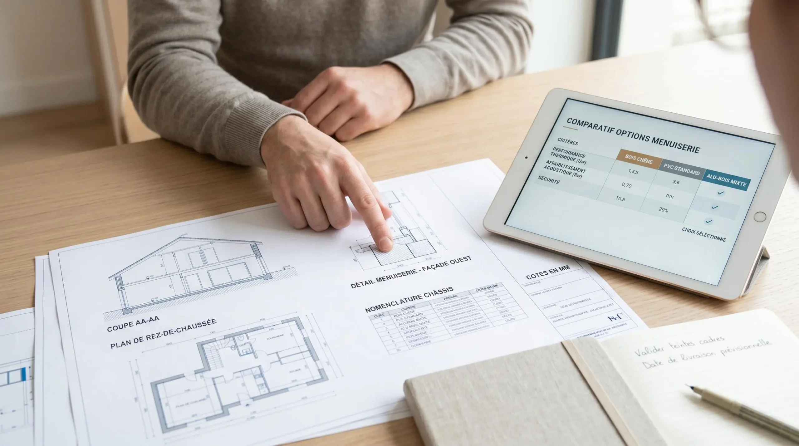 Consultation de plans techniques de menuiserie et tablette numérique sur table de travail, mains pointant les détails d'un projet de rénovation