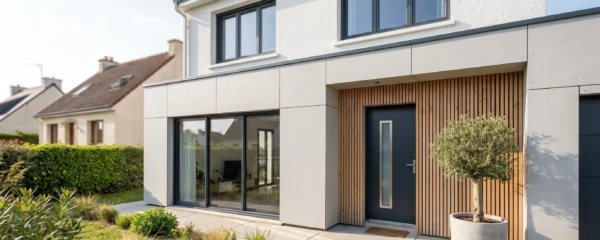 Façade de maison individuelle française rénovée avec menuiseries modernes sur mesure, fenêtres PVC à cadre fin et porte d'entrée design, éclairage naturel valorisant les finitions contemporaines