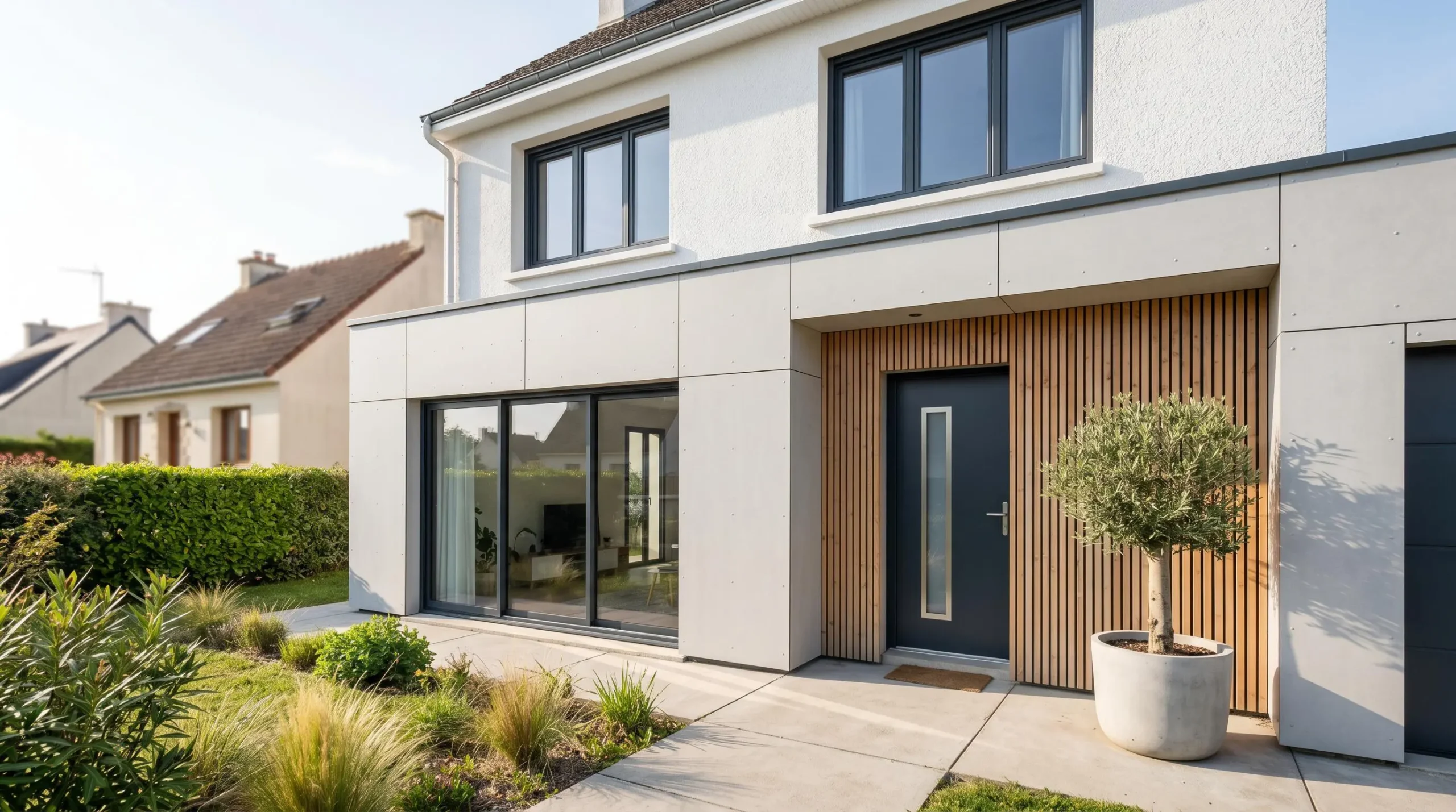 Façade de maison individuelle française rénovée avec menuiseries modernes sur mesure, fenêtres PVC à cadre fin et porte d'entrée design, éclairage naturel valorisant les finitions contemporaines
