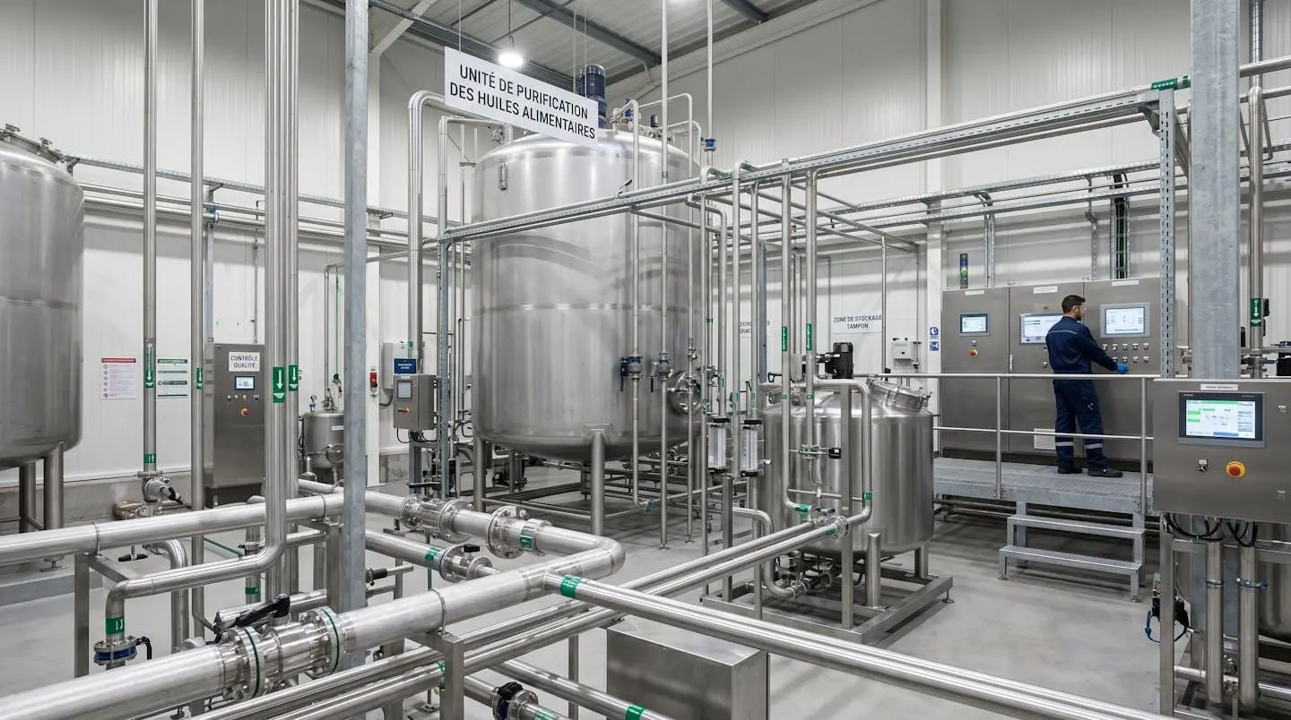 Installation industrielle moderne de traitement des huiles alimentaires usagées avec cuves en acier inoxydable et tuyauterie de purification dans un centre de valorisation français