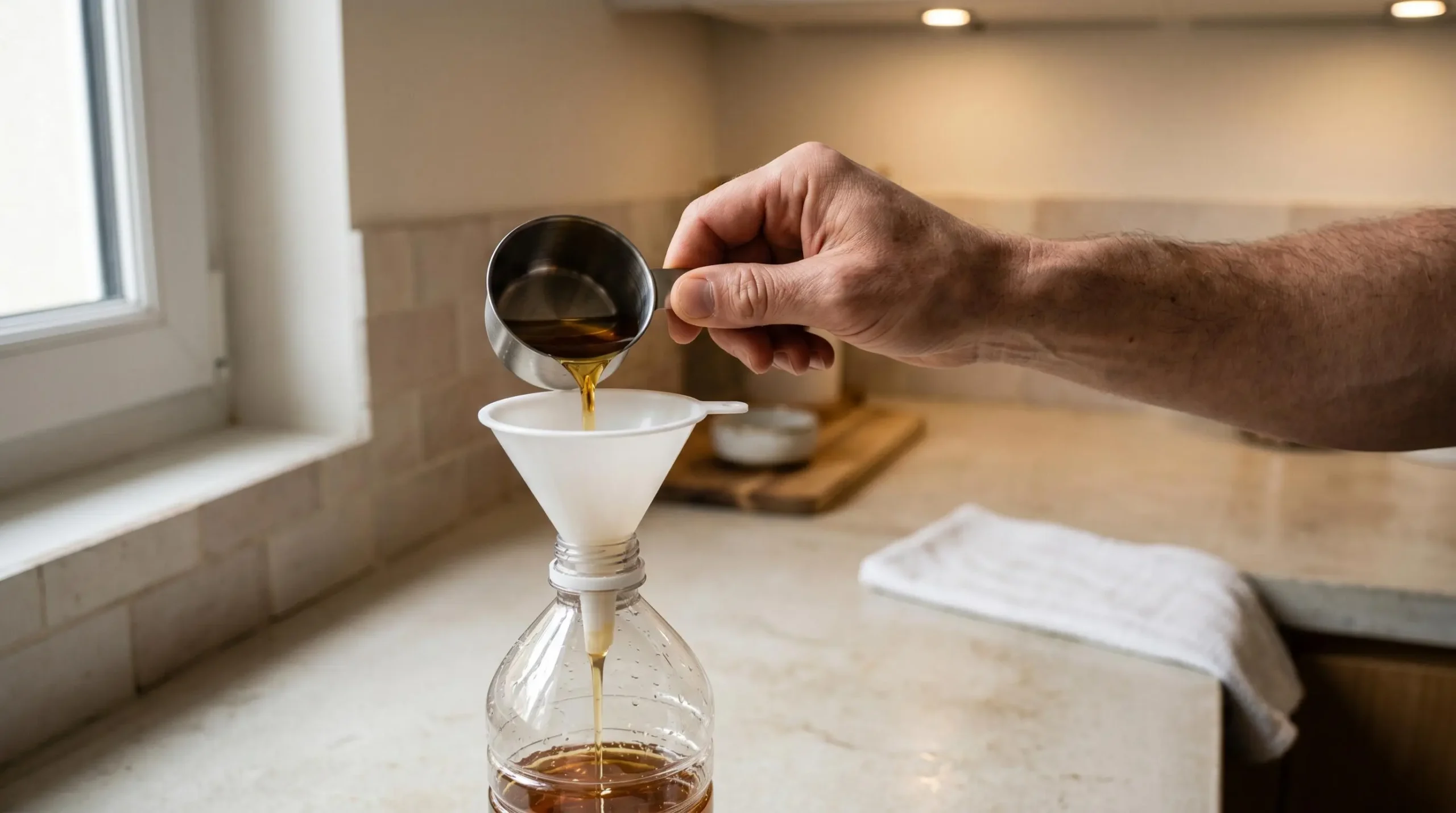 Main adulte versant de l'huile de friture refroidie dans une bouteille plastique hermétique via un entonnoir sur un plan de travail de cuisine moderne française
