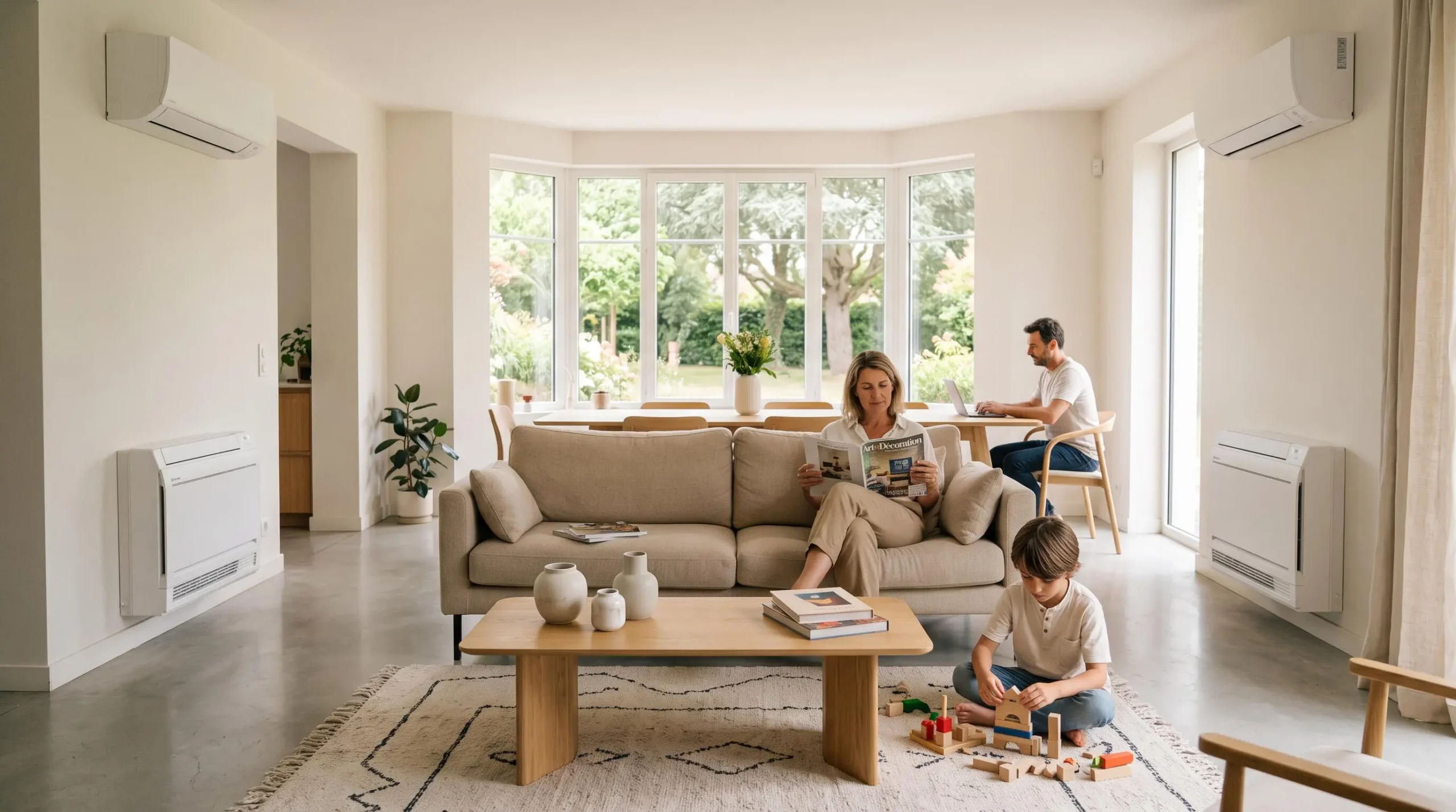 Salon familial contemporain équipé de deux climatiseurs réversibles muraux discrets, avec une famille installée confortablement (parent lisant, enfant jouant), lumière naturelle entrant par une baie vitrée donnant sur un jardin.