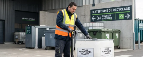 Technicien en gilet de sécurité manipulant une cuve de collecte d'huiles alimentaires usagées sur un quai de plateforme de tri français, sous lumière naturelle