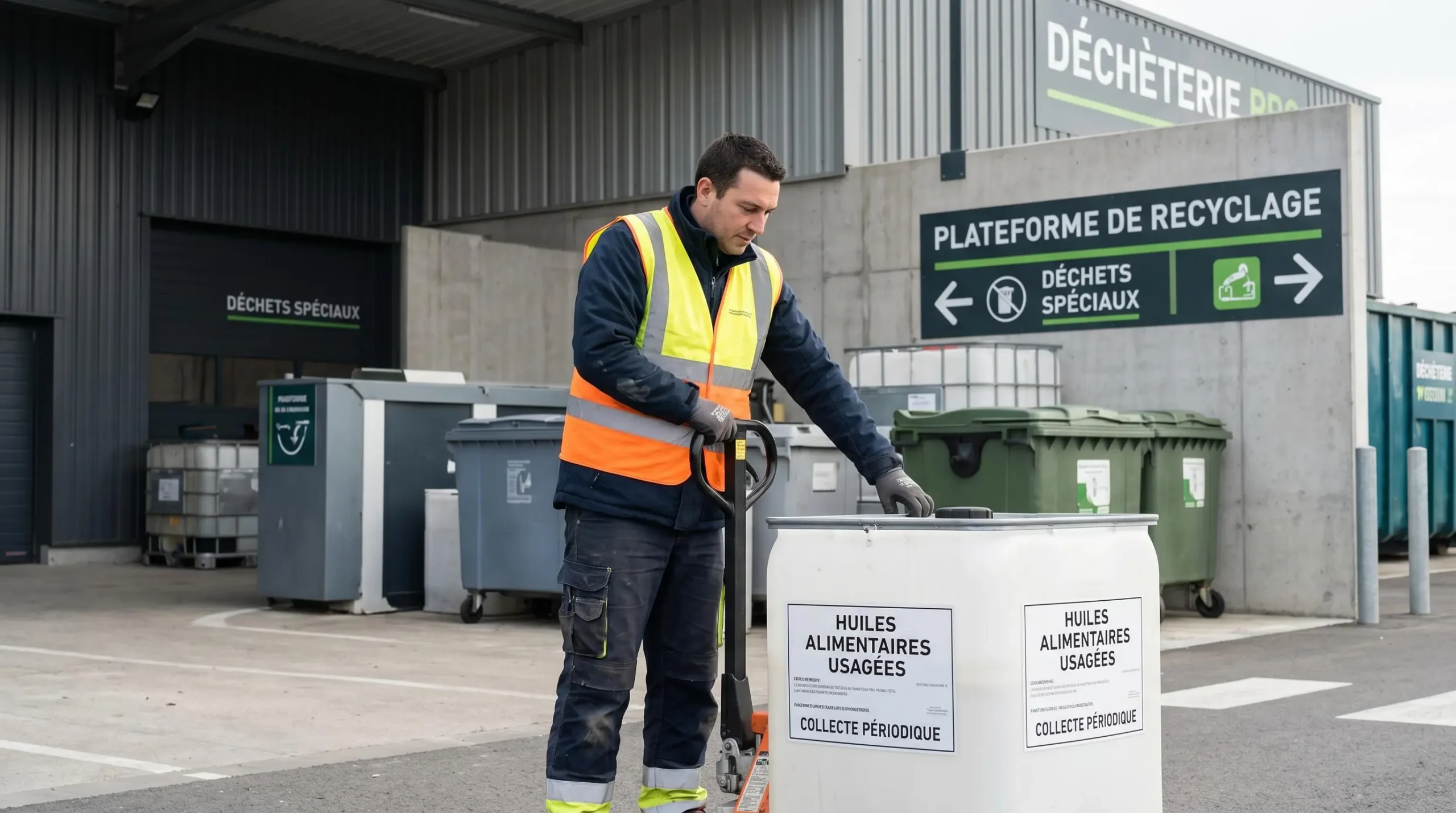 Technicien en gilet de sécurité manipulant une cuve de collecte d'huiles alimentaires usagées sur un quai de plateforme de tri français, sous lumière naturelle