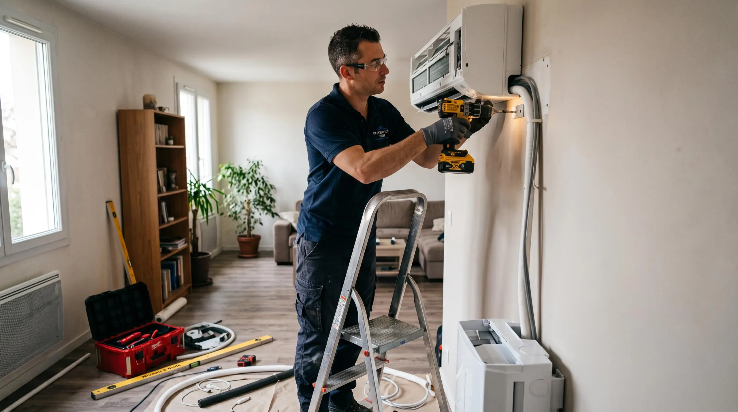 Technicien professionnel en tenue de travail installant une unité intérieure de climatisation murale, debout sur une échelle, utilisant une perceuse-visseuse pour fixer l'équipement, avec outils et matériel au sol.