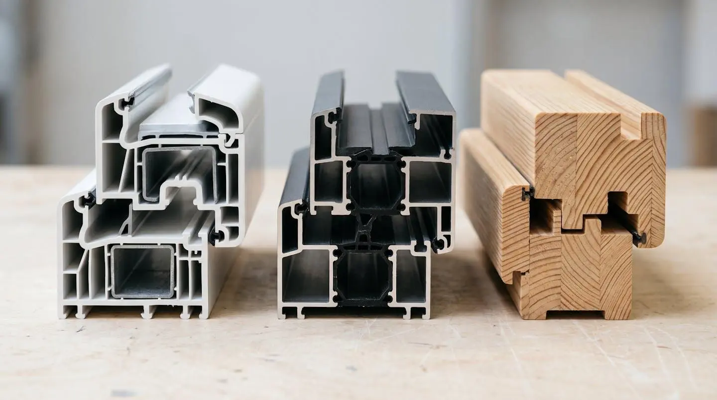 Trois échantillons réels de profilés de menuiserie disposés horizontalement : PVC blanc, aluminium gris anthracite avec rupture de pont thermique, et bois lamellé naturel