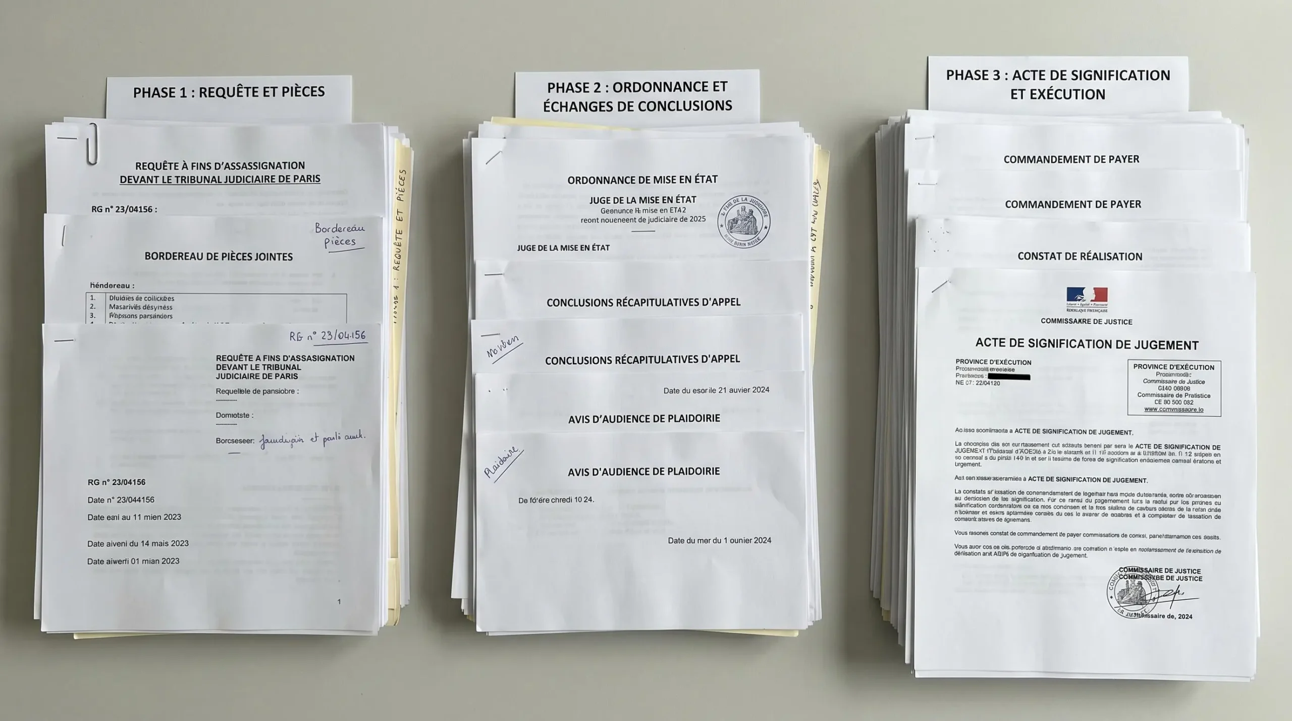Trois piles de documents juridiques disposées en séquence représentant les phases de la procédure d'injonction de payer