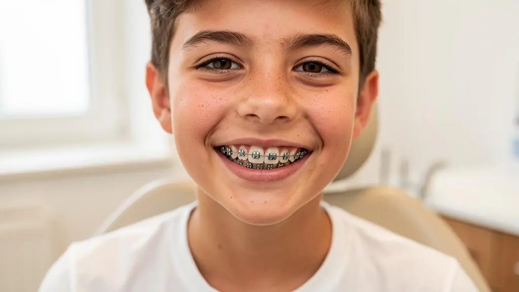 Adolescent souriant montrant ses bagues dentaires métalliques en cours de traitement orthodontique