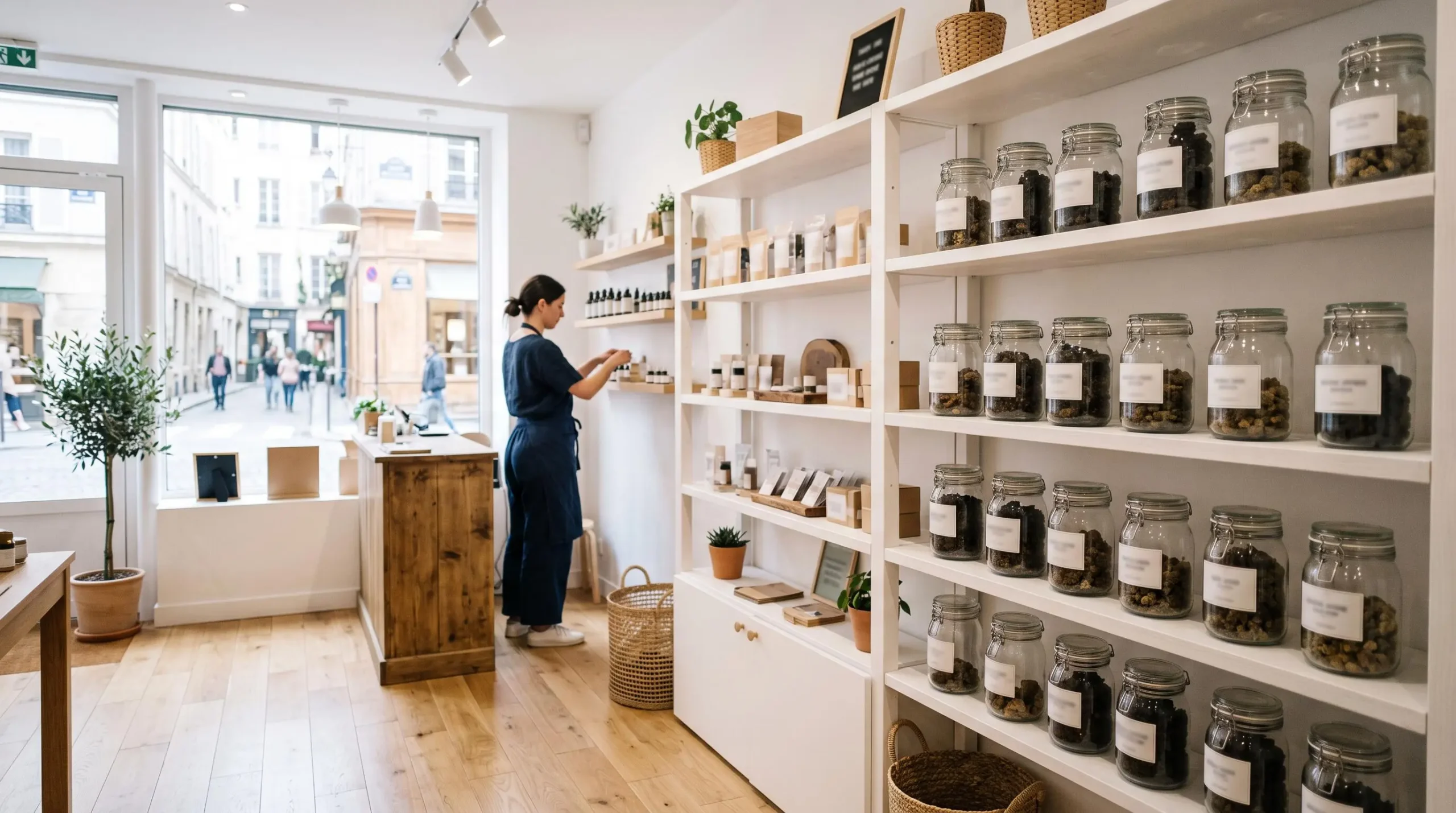 Intérieur d'une boutique CBD spécialisée avec présentoirs professionnels de produits de résine dans des contenants en verre