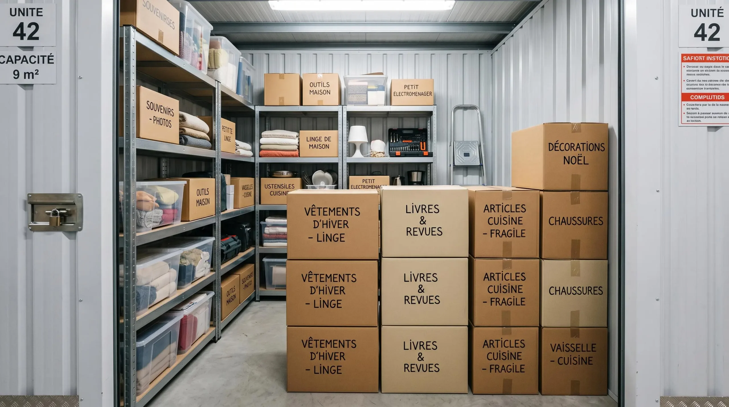 Intérieur d'un box de stockage bien organisé avec cartons empilés méthodiquement et étagères métalliques