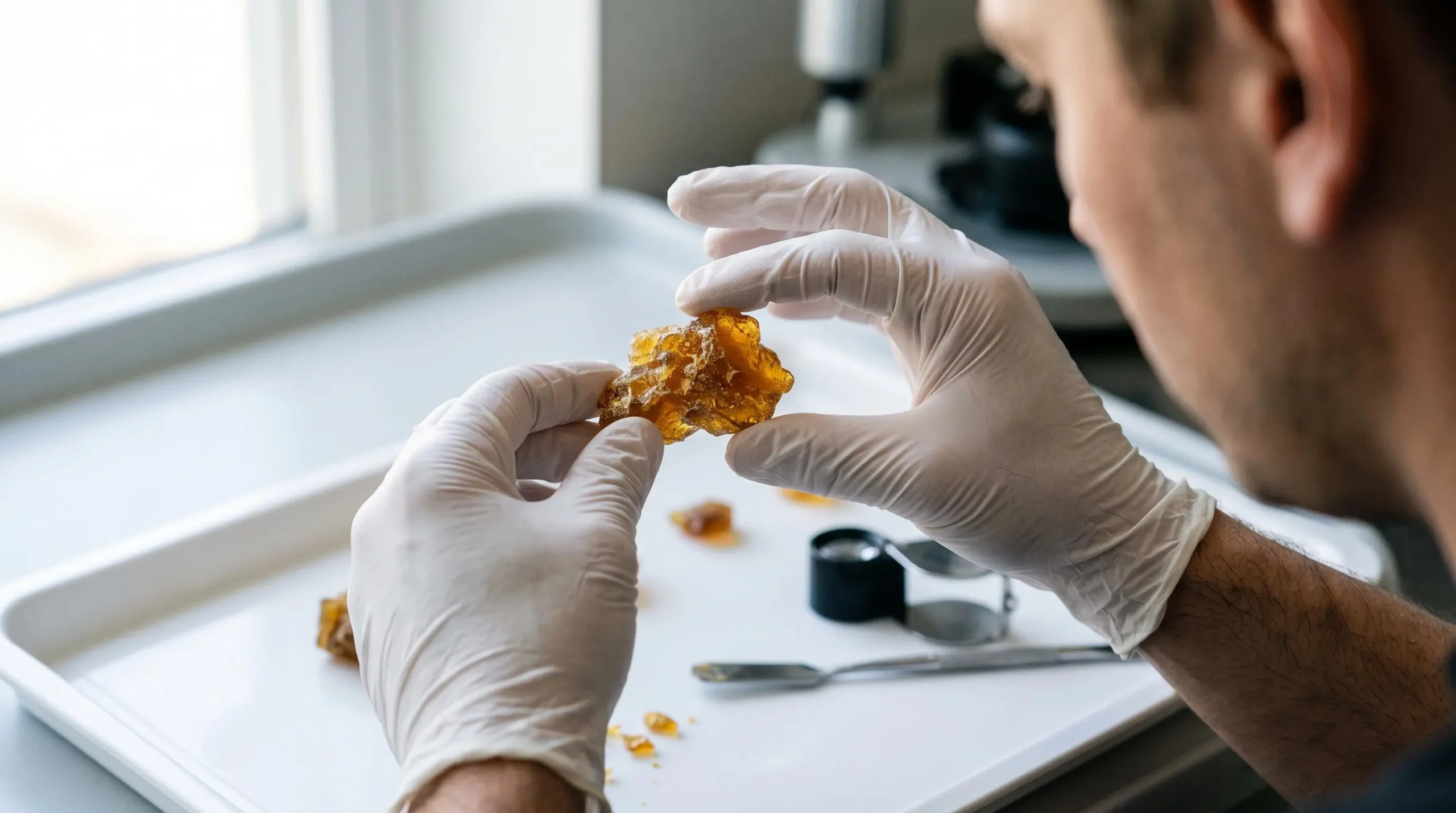 Mains gantées examinant de près un échantillon de résine de CBD ambrée sur un plateau d'inspection