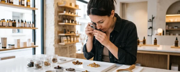Employé de boutique CBD examinant des échantillons de résine de CBD sur un comptoir professionnel avec loupe d'inspection