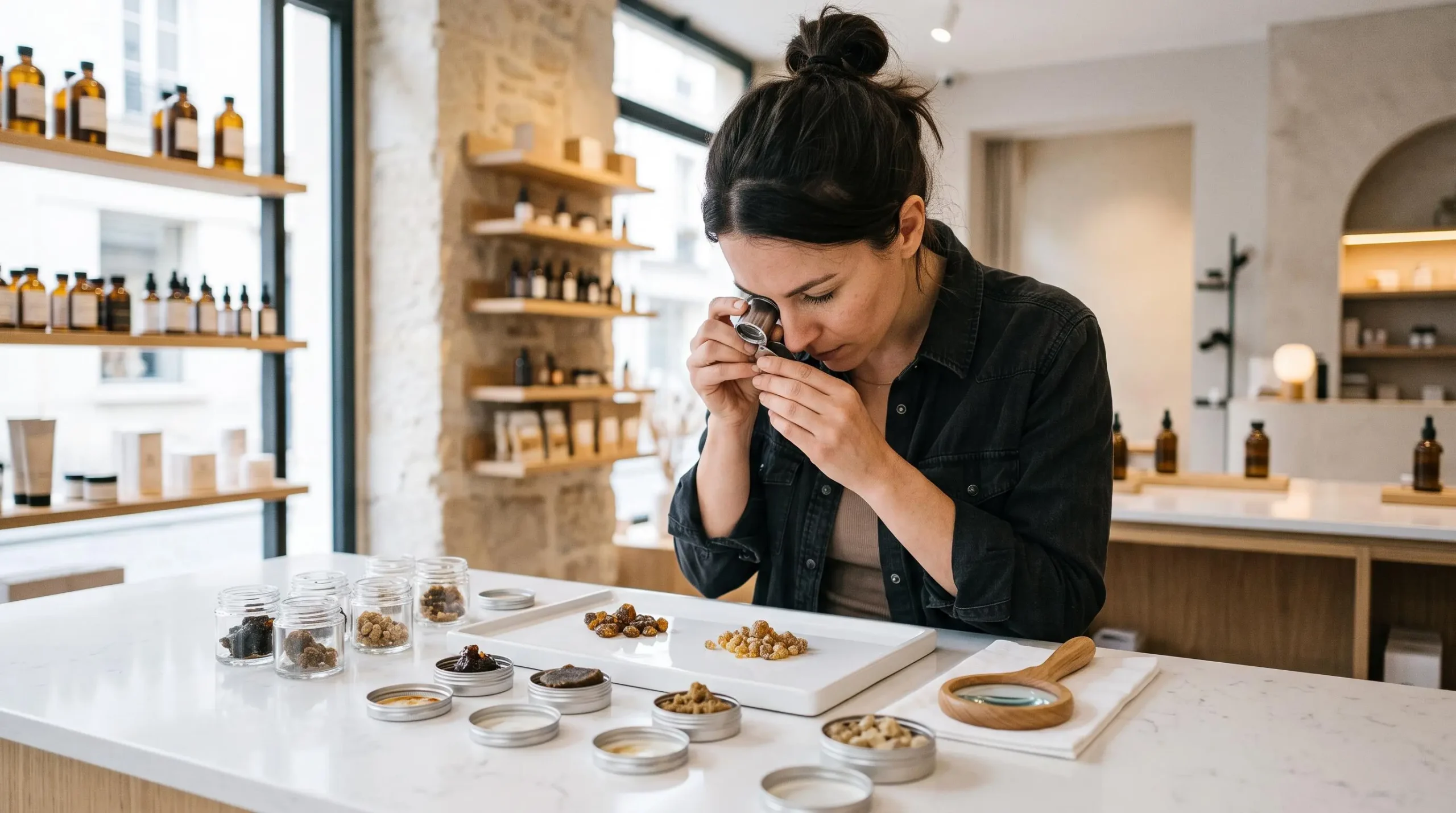 Employé de boutique CBD examinant des échantillons de résine de CBD sur un comptoir professionnel avec loupe d'inspection