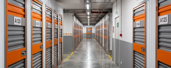 Couloir d'une installation moderne de self-stockage avec boxes métalliques numérotés et caméra de sécurité visible