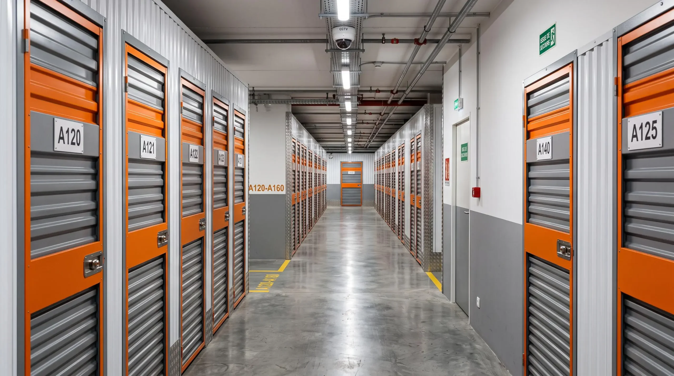 Couloir d'une installation moderne de self-stockage avec boxes métalliques numérotés et caméra de sécurité visible