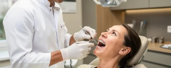 Orthodontiste ajustant des bagues métalliques sur un patient adulte dans un cabinet dentaire moderne