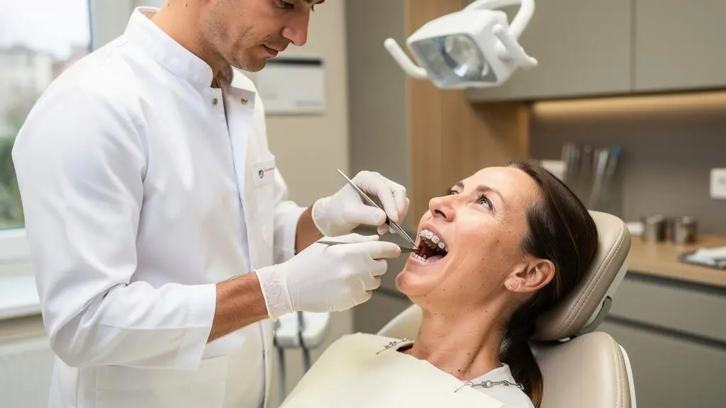 Orthodontiste ajustant des bagues métalliques sur un patient adulte dans un cabinet dentaire moderne