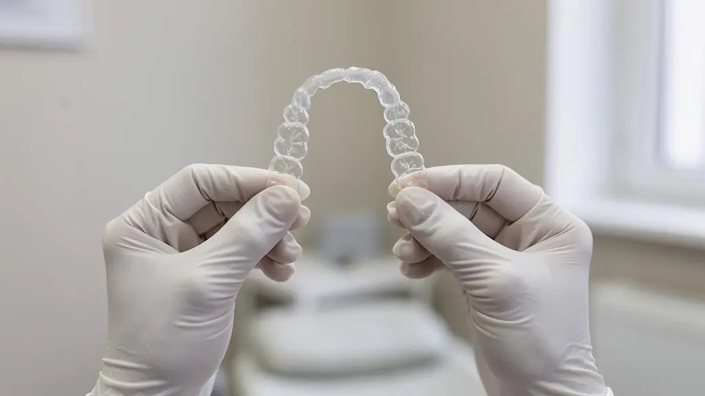 Mains d'orthodontiste en gants médicaux tenant des gouttières dentaires transparentes