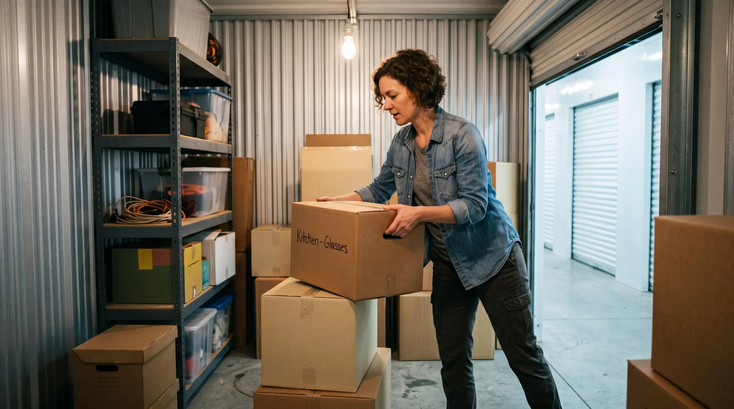 Personne rangeant des cartons à l'intérieur d'un box de stockage de taille moyenne avec étagères métalliques
