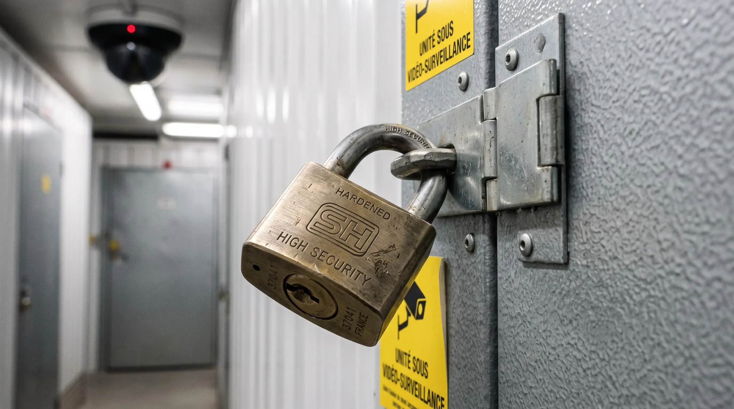 Gros plan sur un cadenas de sécurité fixé sur la porte métallique d'un box de stockage avec caméra de surveillance en arrière-plan