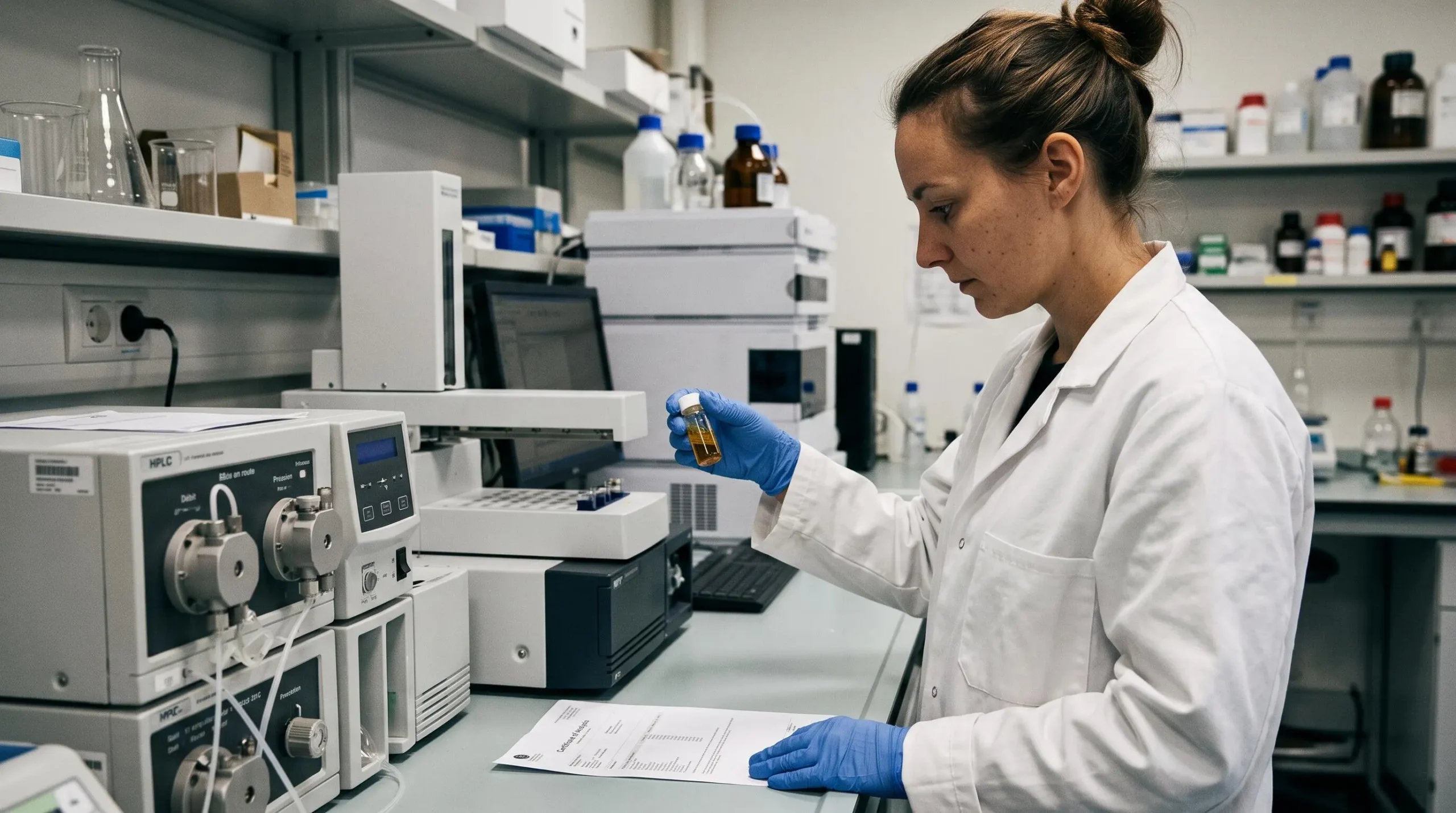 Technicien de laboratoire comparant un certificat d'analyse avec un échantillon de résine CBD près d'équipement analytique