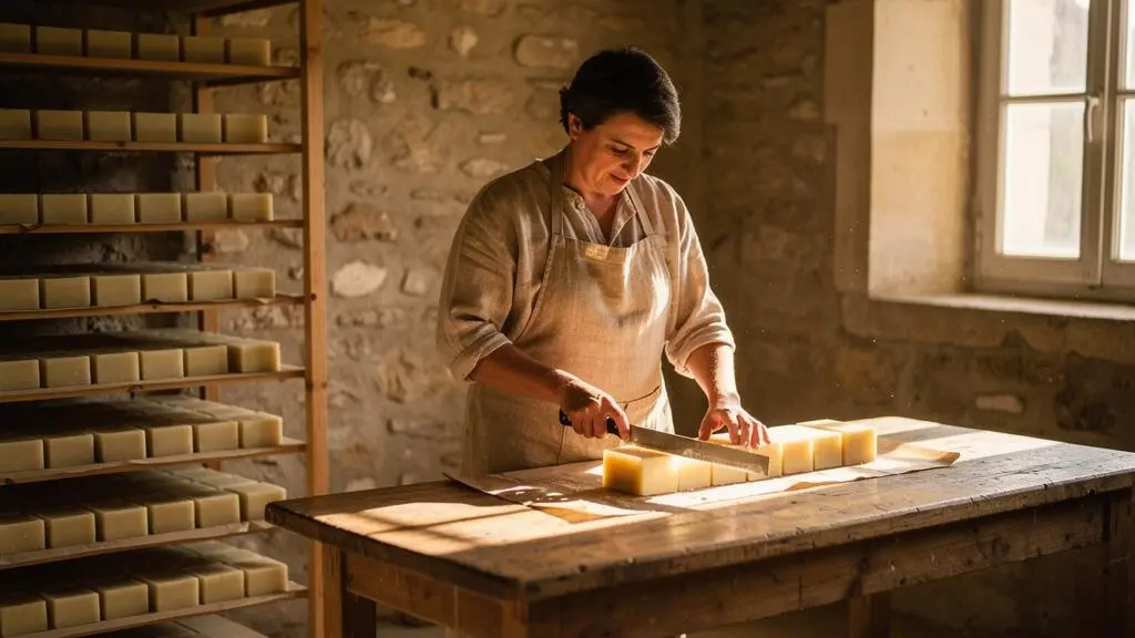 Un artisan coupe une plaque de savon artisanal en pains sur une table en bois dans son atelier, avec des pains qui sèchent sur des racks au second plan.