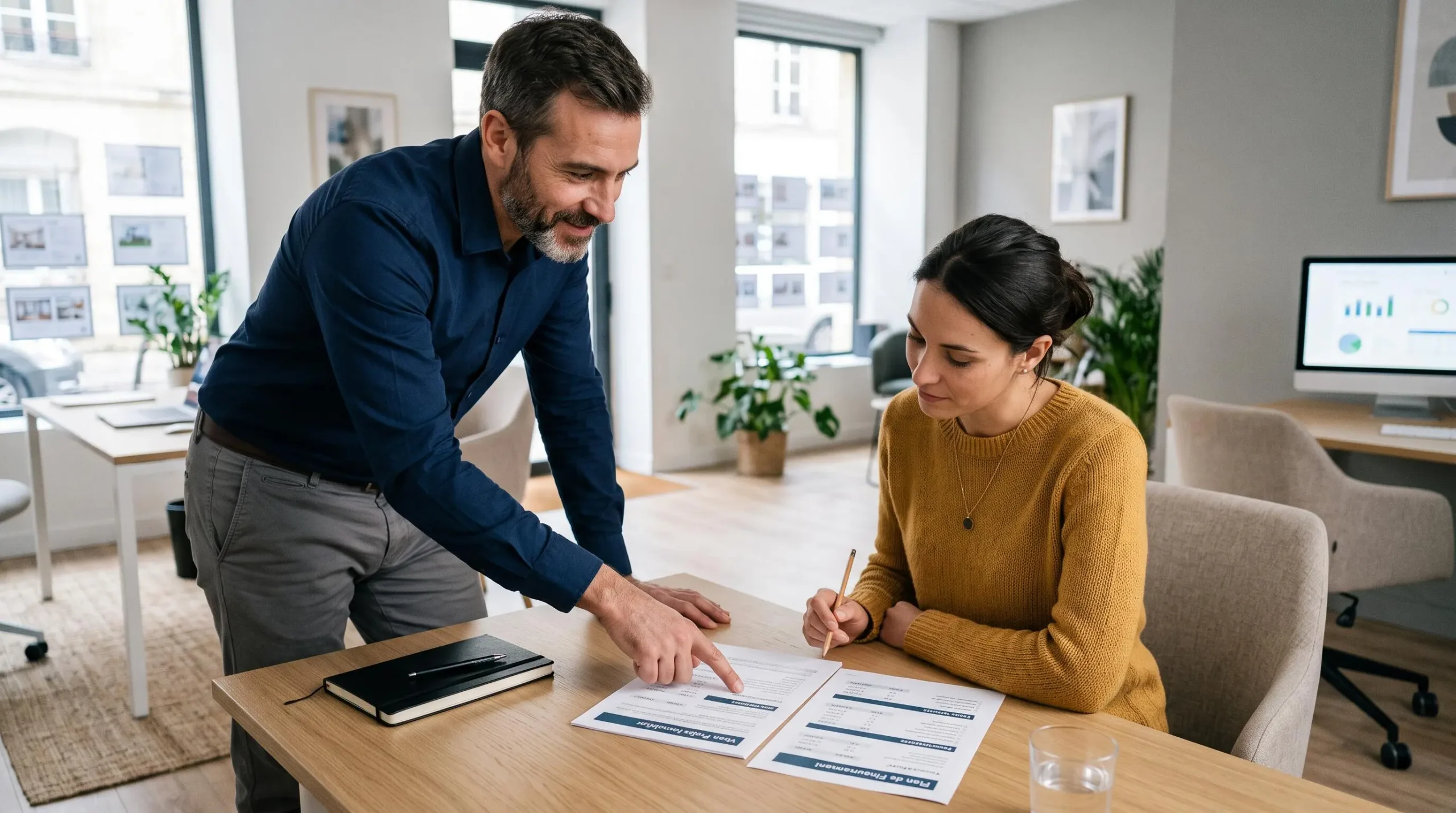Conseiller financier expliquant un plan de financement immobilier à une cliente dans un bureau professionnel.