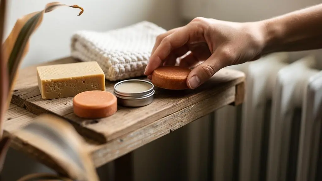 Une main saisit un shampoing solide parmi une sélection de cosmétiques solides posés sur une étagère en bois.