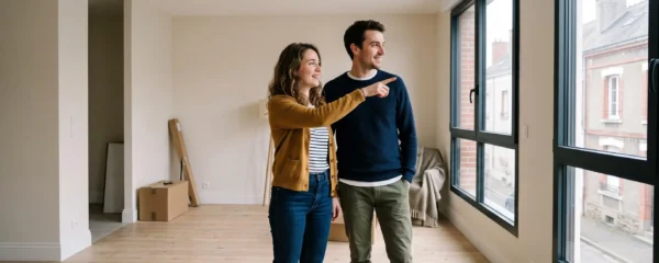 Jeune couple découvrant leur nouvel appartement lors d'une visite, debout dans un espace de vie contemporain lumineux.