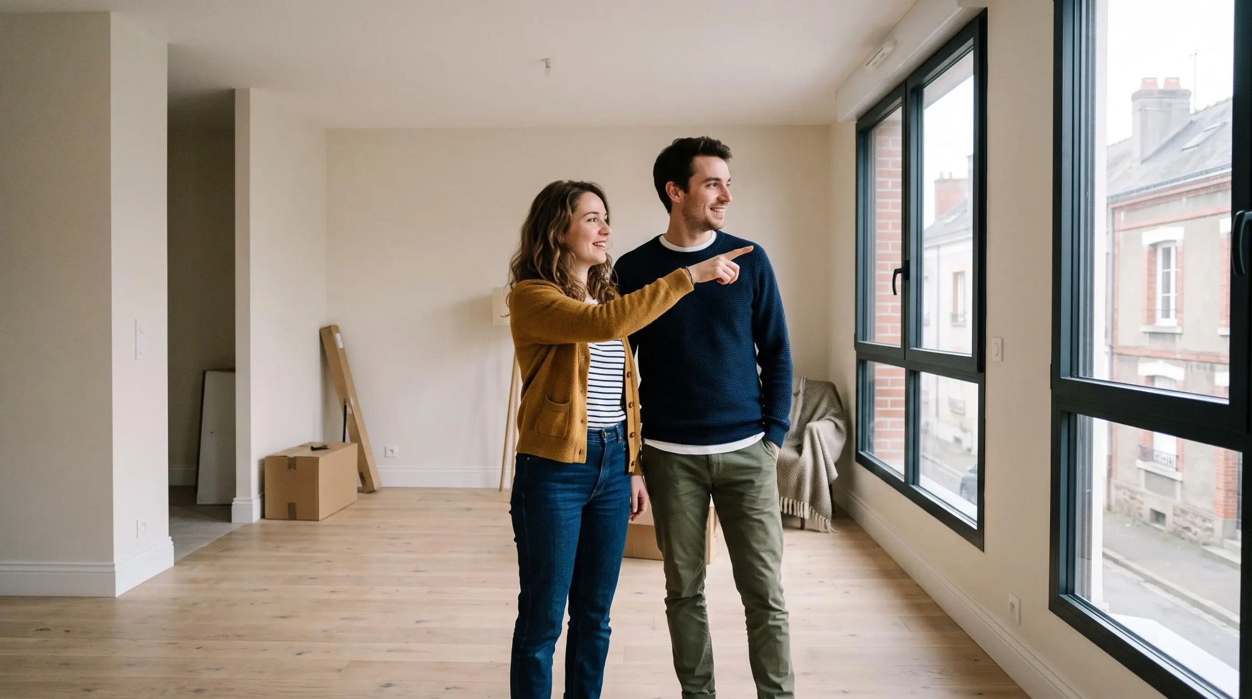Jeune couple découvrant leur nouvel appartement lors d'une visite, debout dans un espace de vie contemporain lumineux.