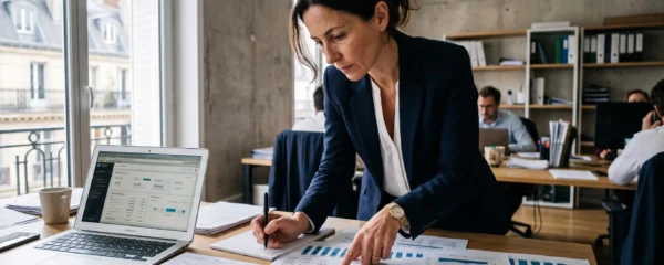 Directeur financier analysant debout un prévisionnel de trésorerie avec plusieurs documents sur son bureau dans un environnement professionnel français.