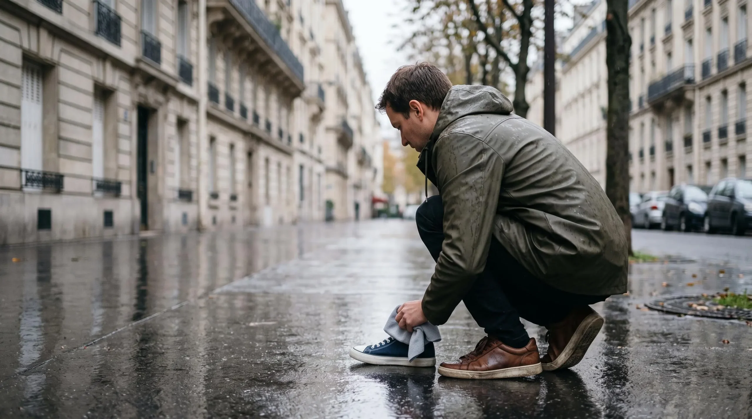 Une personne accroupie sous la pluie essuie sa basket en cuir sur un trottoir parisien mouillé.