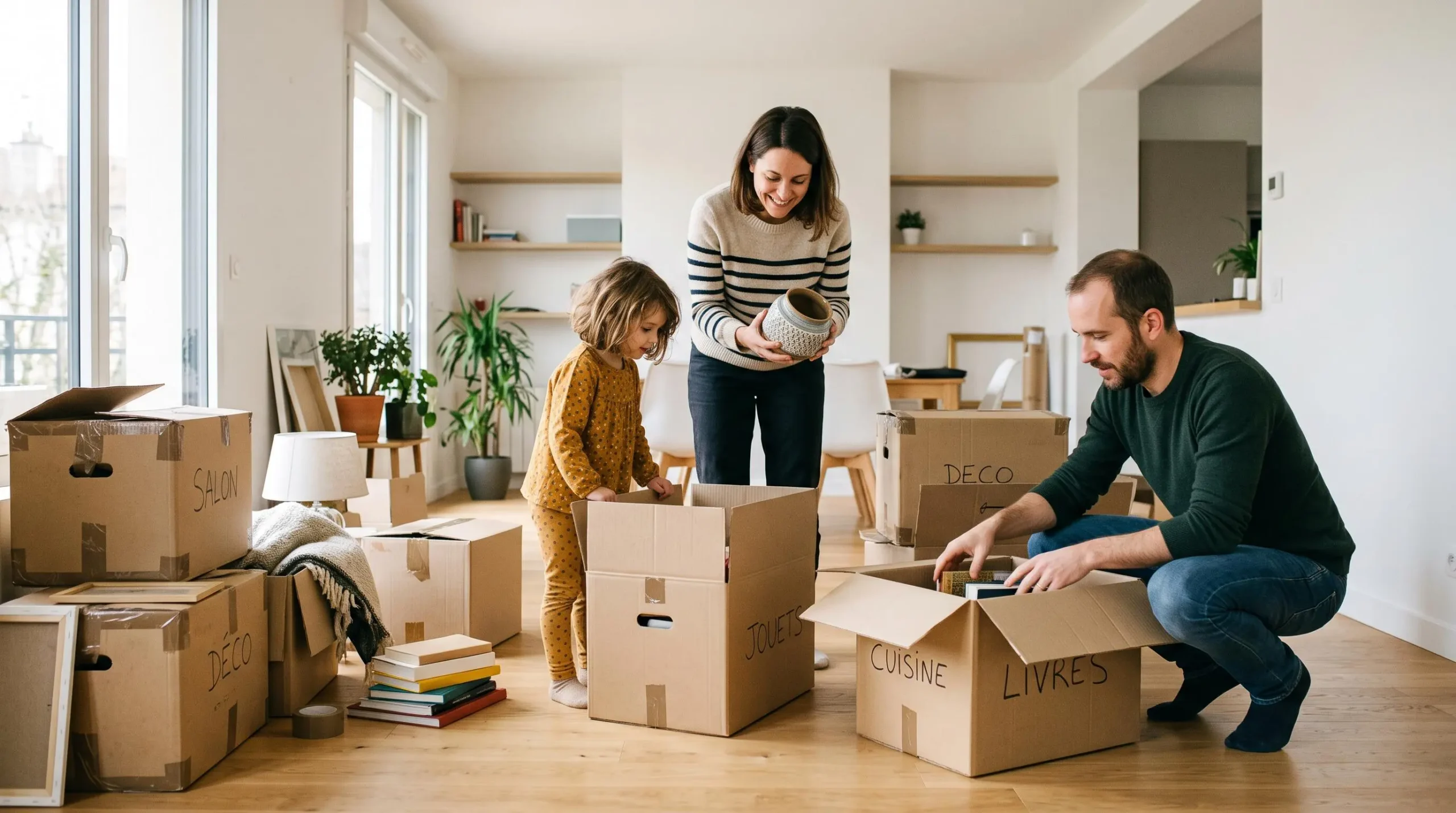 Jeune famille avec enfant déballant des cartons de déménagement dans le salon lumineux de leur nouveau logement.