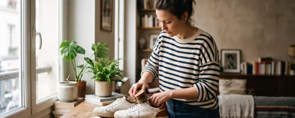 Une femme brosse une paire de baskets en cuir usées posées sur une table en bois, dans un intérieur lumineux.