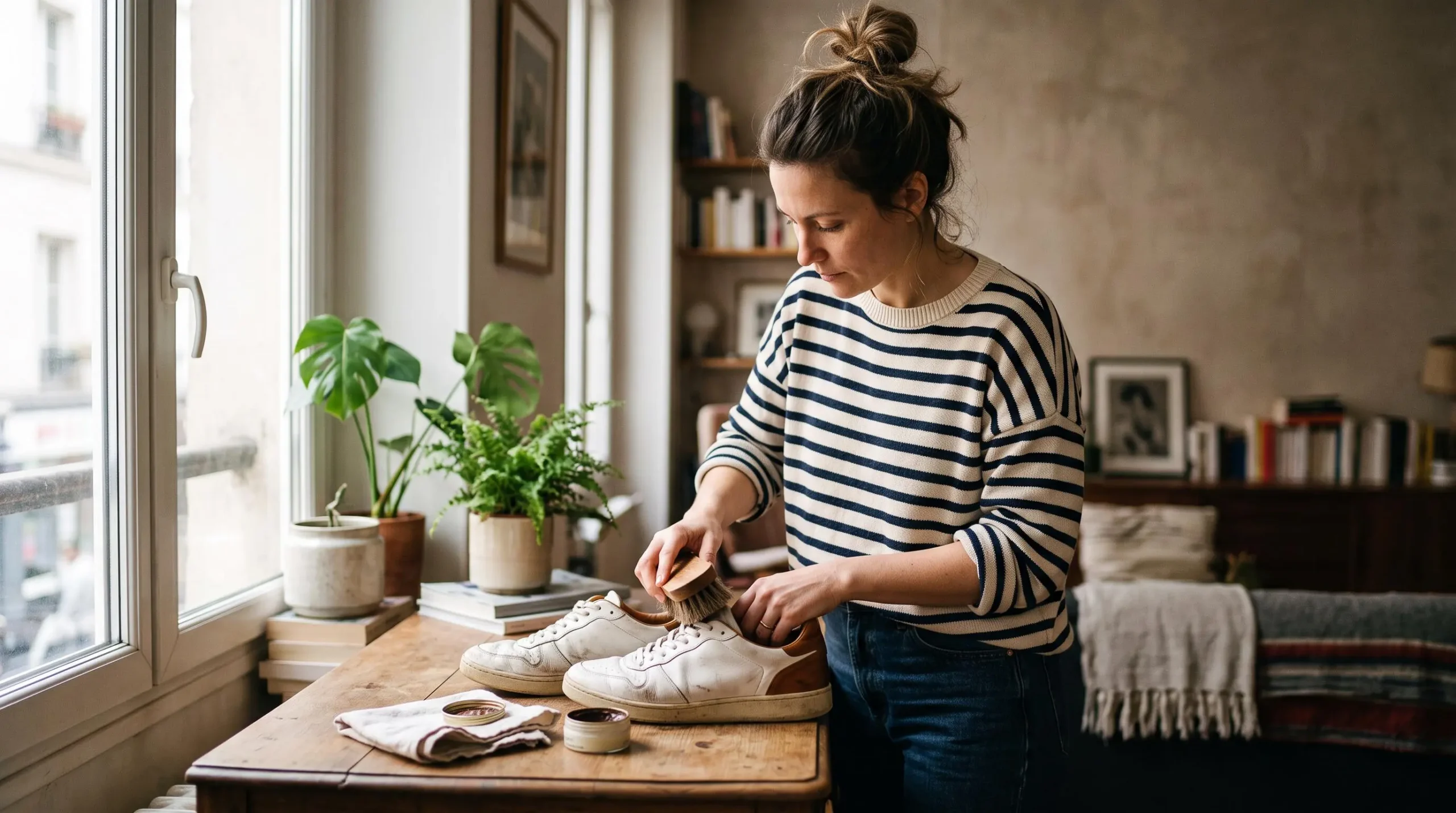 Une femme brosse une paire de baskets en cuir usées posées sur une table en bois, dans un intérieur lumineux.