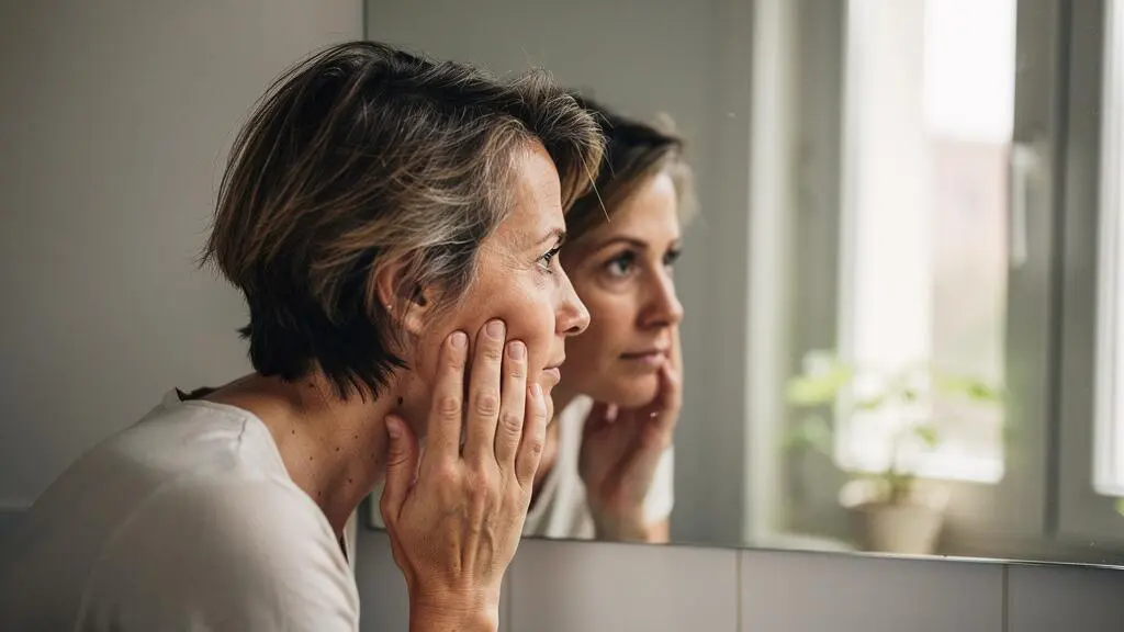 Une femme observe son visage dans le miroir de la salle de bains en touchant sa joue pour vérifier les tiraillements.