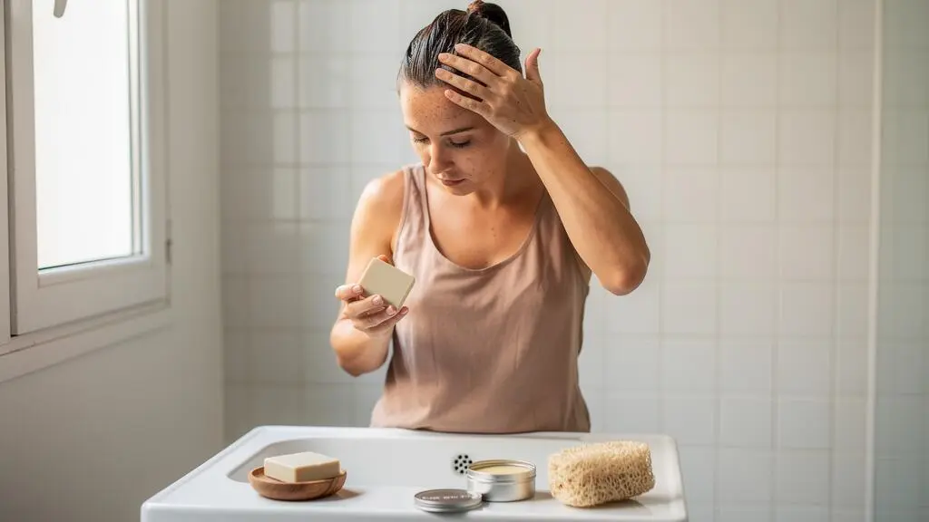 Une femme utilise un shampoing solide au lavabo dans une salle de bains lumineuse, entourée de cosmétiques solides sans emballage plastique.