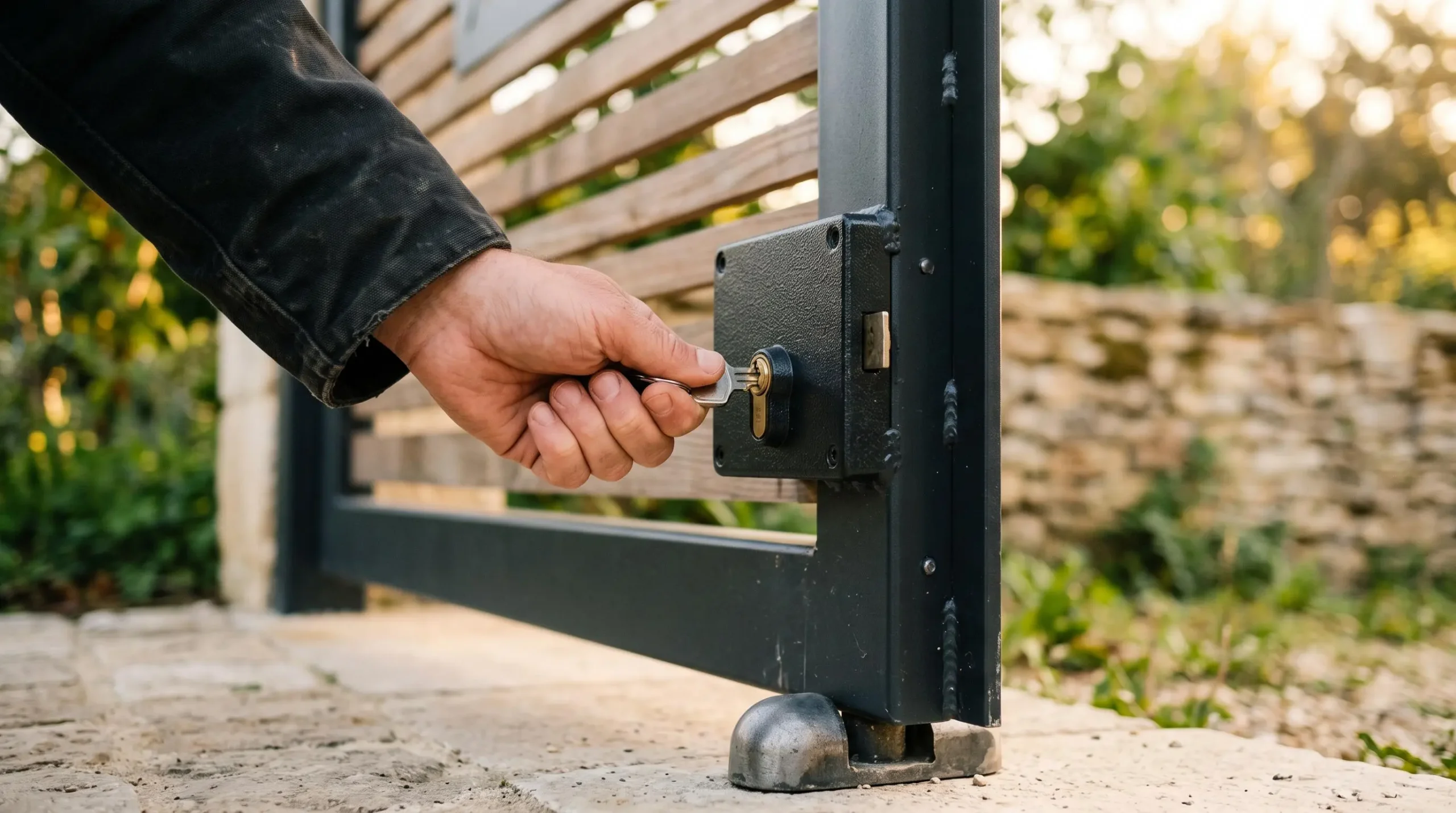 Une main introduit une clé dans la serrure d'un portail en acier noir fraîchement installé.