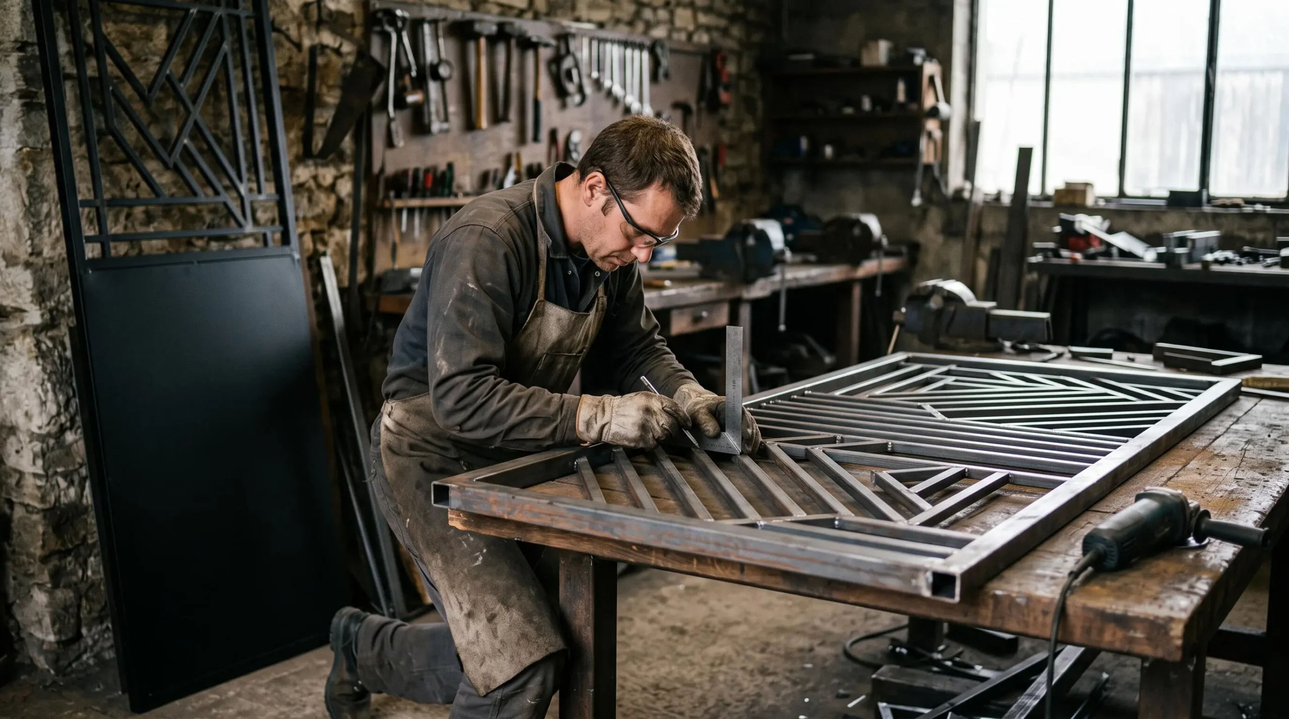 Un métallier traçant une ligne de coupe au trusquet sur une lame d'acier dans son atelier.