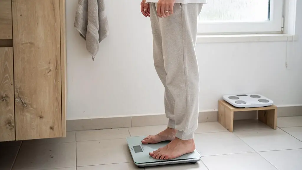 Une personne debout sur un pèse-personne connecté dans une salle de bains lumineuse, avec un impédancemètre posé à côté.