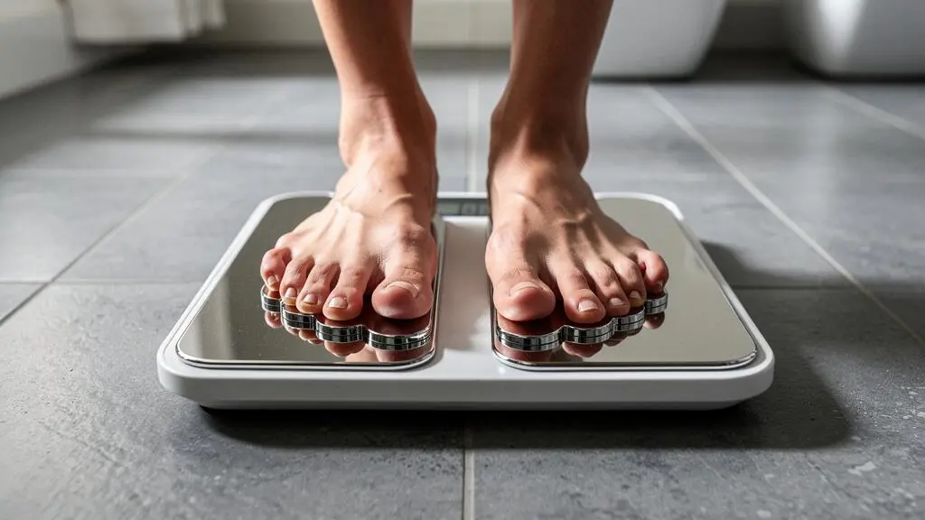 Gros plan sur des pieds nus posés sur les électrodes métalliques d'un impédancemètre dans une salle de bains.